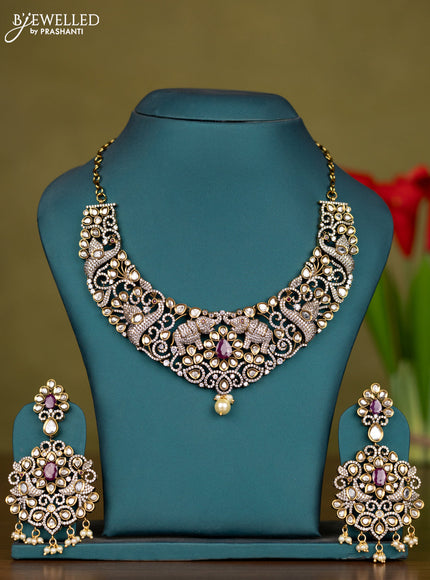 Necklace peacock & elephant design with ruby & kundan cz stones and pearl hangings in victorian finish