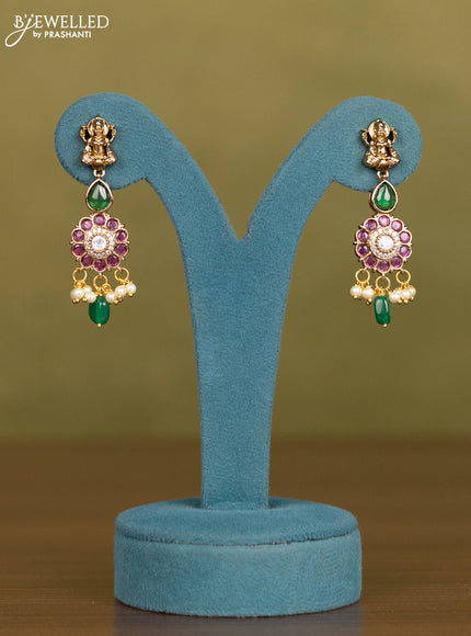 Necklace lakshmi & floral design with kemp & kundan cz stones and pearl & green beads hangings in victorian finish