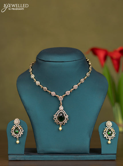 Necklace with emerald & cz stones and pearl hanging in victorian finish