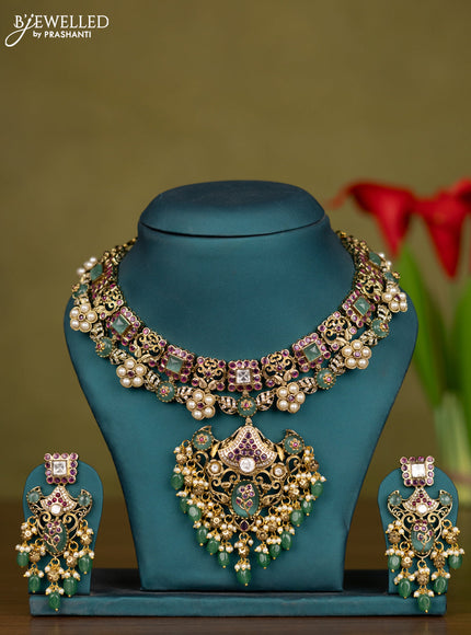 Necklace with mint green & kundan cz stones and pearl & green beads hangings in victorian finish
