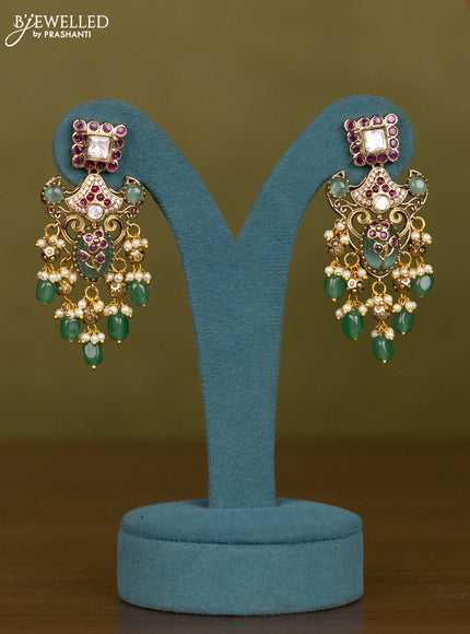 Necklace with mint green & kundan cz stones and pearl & green beads hangings in victorian finish