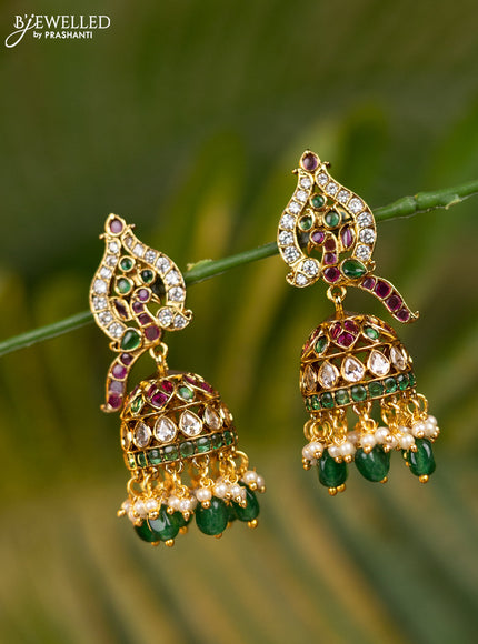 Antique jhumka peacock design with kemp & cz stones and pearl & green beads hangings
