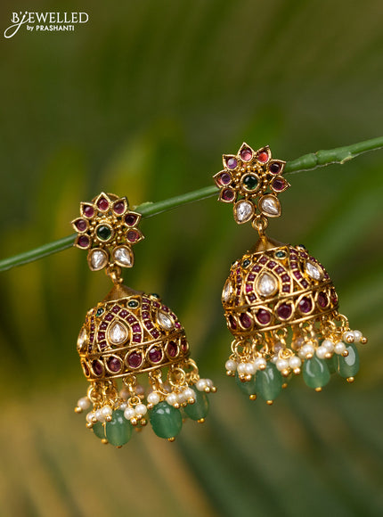 Antique jhumka floral design with kemp & kundan stones and pearl & mint green beads hangings