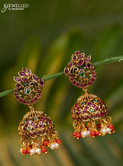Antique jhumka peacock design with kemp stones and pearl & red beads hangings