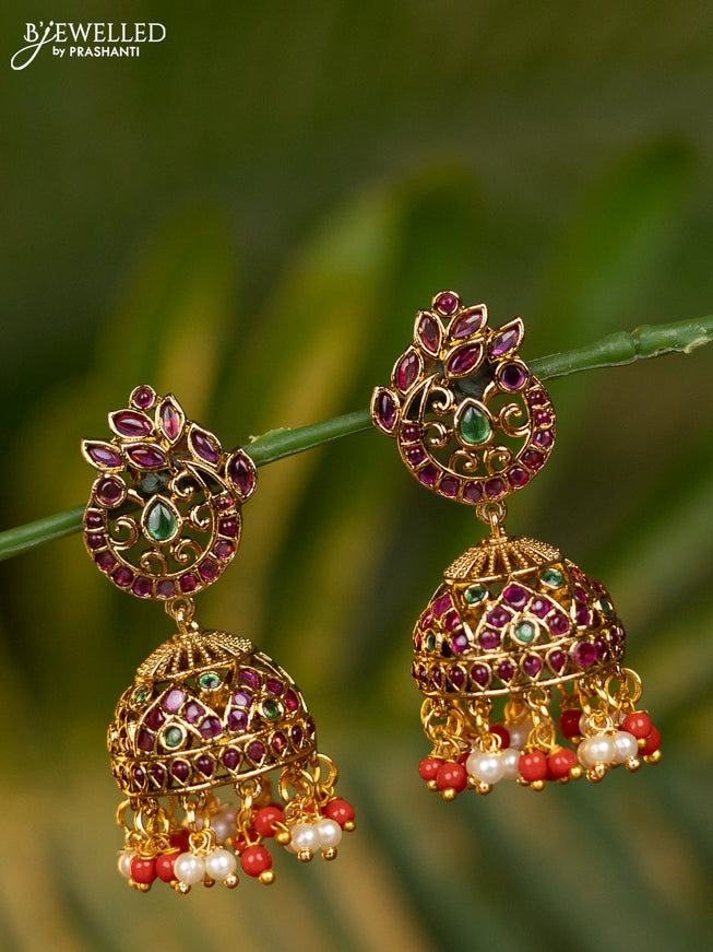 Antique jhumka peacock design with kemp stones and pearl & red beads hangings