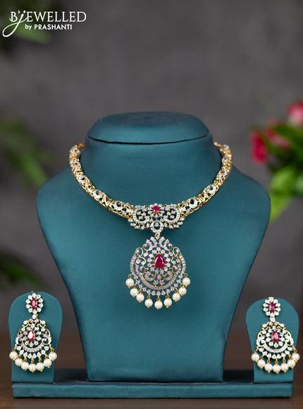 Zircon necklace with ruby & cz stones and pearl hangings in gold finish