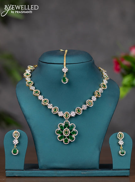 Zircon necklace with emerald and cz stones in gold finish