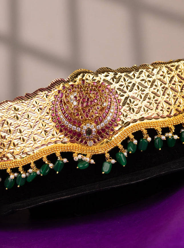 Antique self embossed hip belt with kemp & cz stones and pearl & green beads hangings
