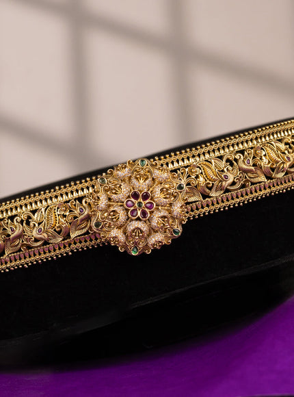 Antique self embossed hip belt peacock & floral design with kemp & cz stones