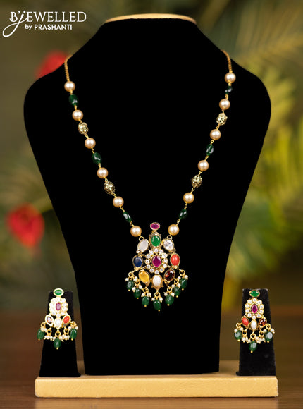 Beaded necklace with multicolour & cz stones and green beads hangings