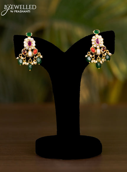 Beaded necklace with multicolour & cz stones and green beads hangings