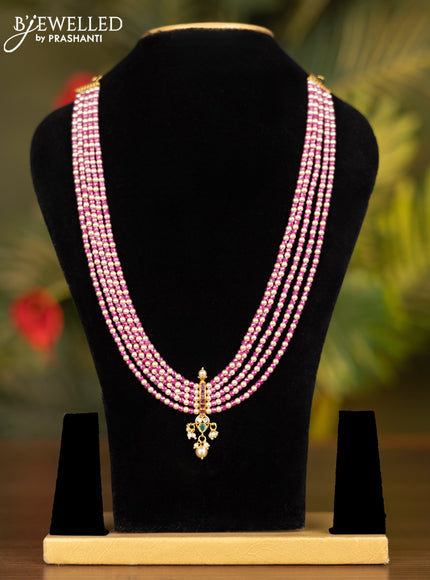 Beaded multilayer pink necklace with kemp & cz stones and pearl hangings without earrings