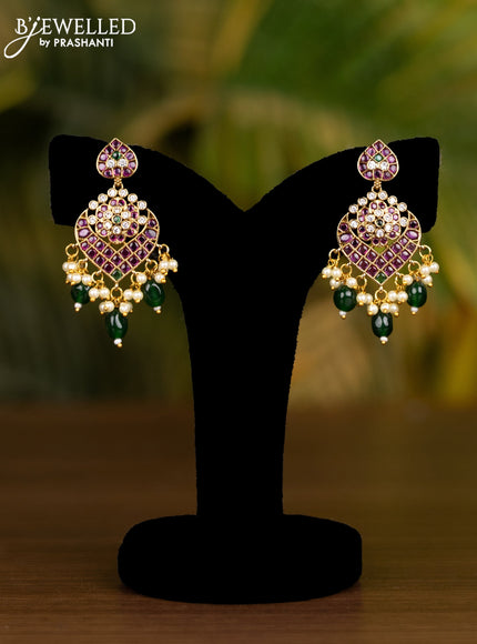 Beaded multilayer black necklace with kemp & cz stones and pearl & green beads hangings