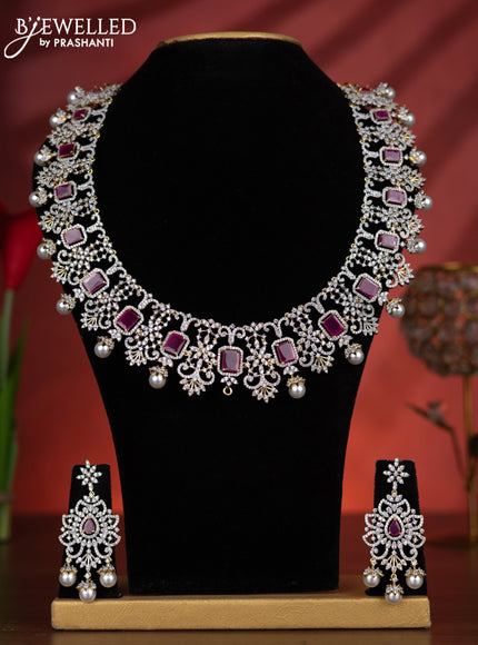 Zircon haaram detachable pendant with ruby & cz stones and pearl hangings in gold finish