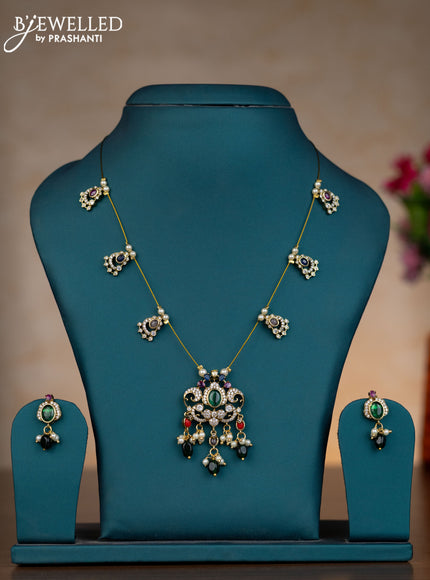 Invisible chain with multicolour & cz stones and pearl & green beads hangings