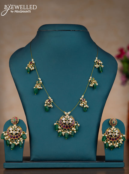 Invisible chain chandbali design with kemp & kundan stones and pearl & green beads hangings