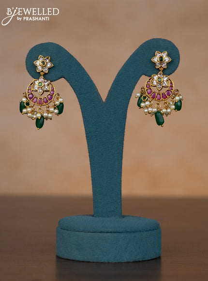 Invisible chain chandbali design with kemp & kundan stones and pearl & green beads hangings
