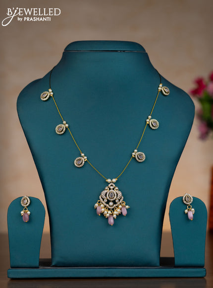 Invisible chain with baby pink & cz stones and pearl & beads hangings