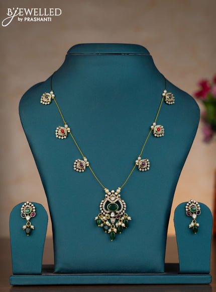 Invisible chain with multicolour & cz stones and pearl & green beads hangings