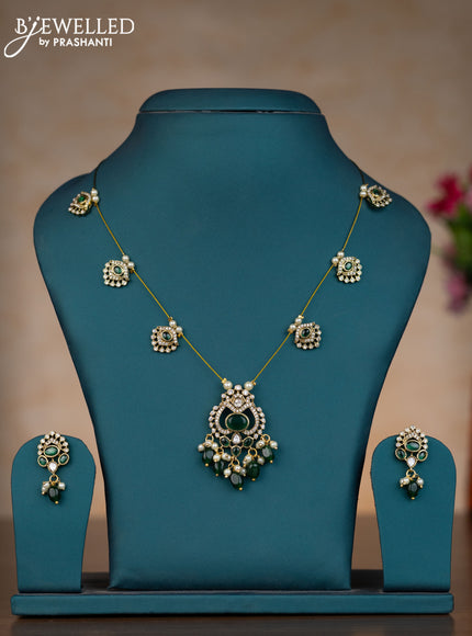 Invisible chain with emerald & cz stones and pearl & green beads hangings
