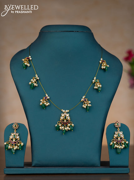 Invisible chain chandbali design with kemp & kundan stones and pearl & green beads hangings