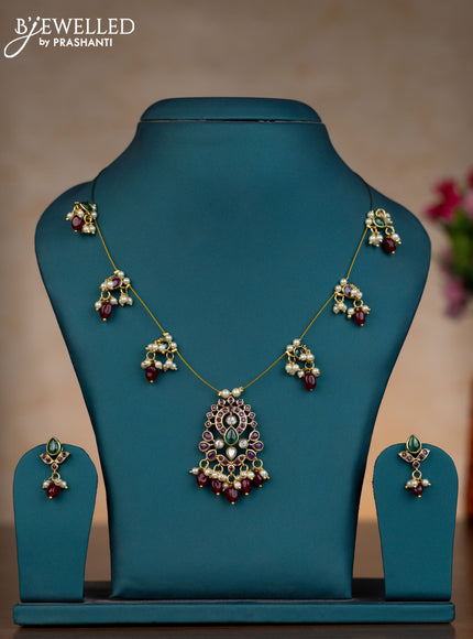 Invisible chain with kemp & kundan stones and pink beads hangings