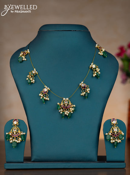 Invisible chain chandbali design with kemp & kundan stones and pearl & green beads hangings