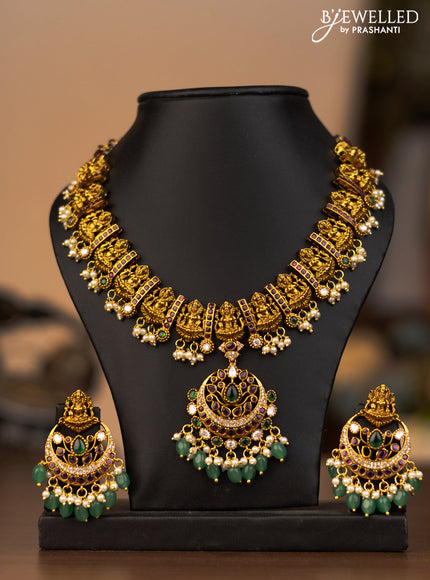 Antique necklace lakshmi pendant with kemp kundan stones and green beads & pearl hangings