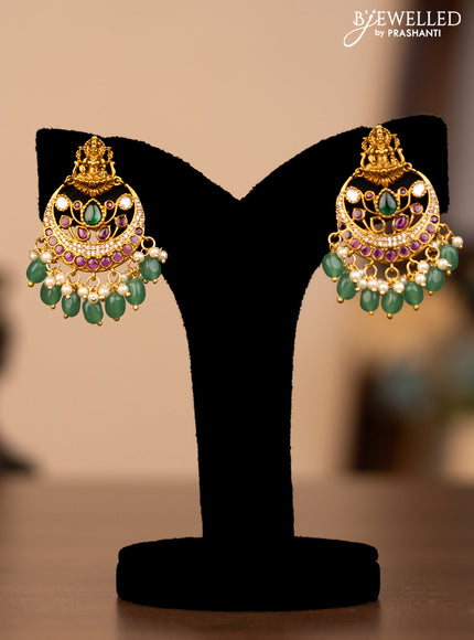 Antique necklace lakshmi pendant with kemp kundan stones and green beads & pearl hangings