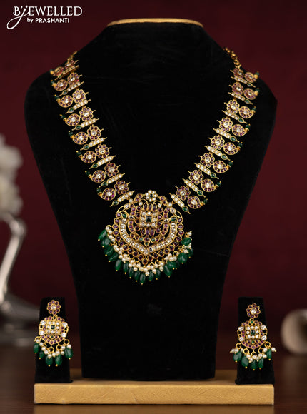 Antique necklace manga pattern with kemp & cz stones and pearl & beads hanging
