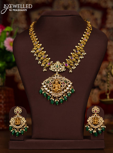 Antique haram lakshmi design with cz stones and pearl beads hanging