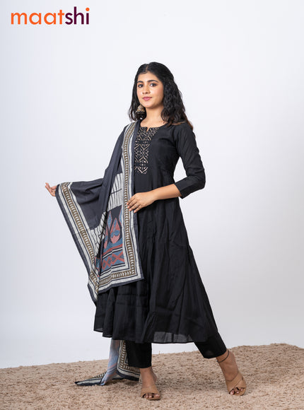 Raw silk readymade anarkali salwar suit black with embroidery work neck pattern and straight cut pant & printed dupatta