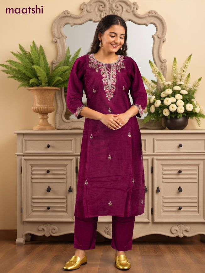 Magenta Pink Art Silk Zardosi Work Neck Pattern Straight Suit