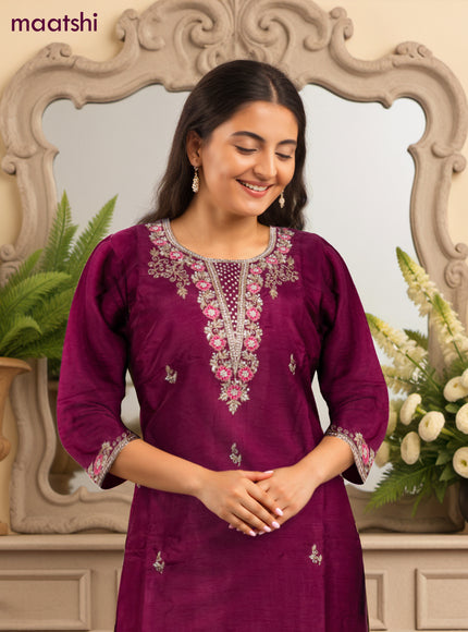 Magenta Pink Art Silk Zardosi Work Neck Pattern Straight Suit
