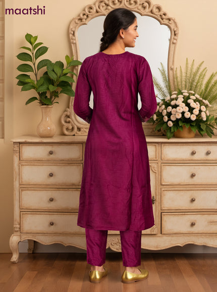 Magenta Pink Art Silk Zardosi Work Neck Pattern Straight Suit