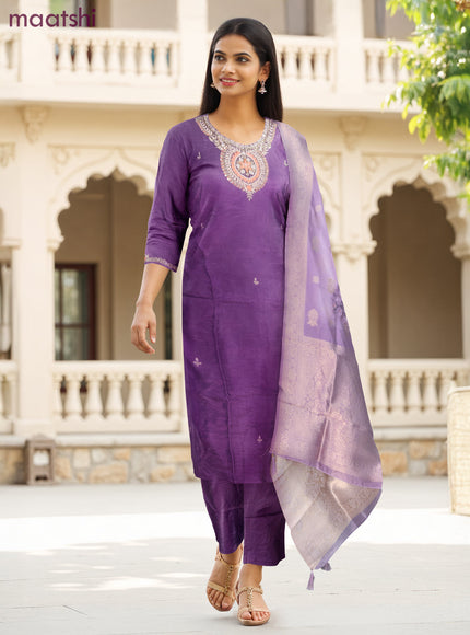 Art Silk Festive wear salwar suit pastel purple with zardosi work neck pattern and straight cut pant & banarasi dupatta