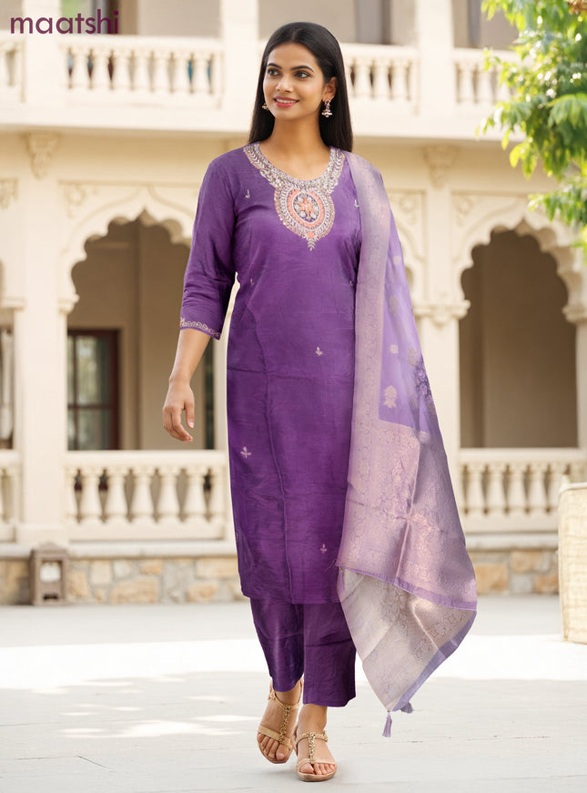 Art Silk Festive wear salwar suit pastel purple with zardosi work neck pattern and straight cut pant & banarasi dupatta