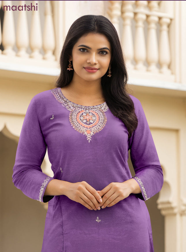 Art Silk Festive wear salwar suit pastel purple with zardosi work neck pattern and straight cut pant & banarasi dupatta