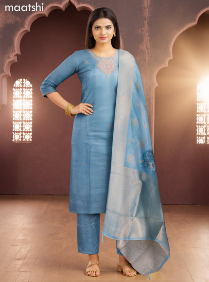 Art Silk Festive wear salwar suit pastel blue with zardosi work neck pattern and straight cut pant & banarasi dupatta