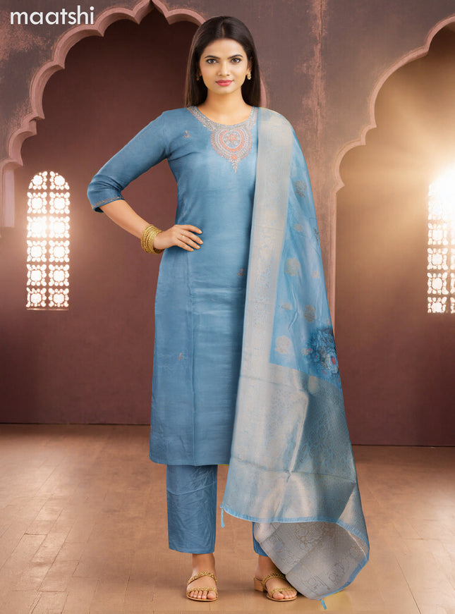 Art Silk Festive wear salwar suit pastel blue with zardosi work neck pattern and straight cut pant & banarasi dupatta