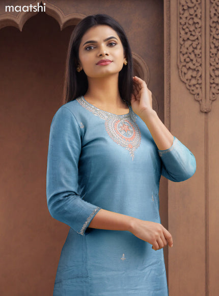 Art Silk Festive wear salwar suit pastel blue with zardosi work neck pattern and straight cut pant & banarasi dupatta