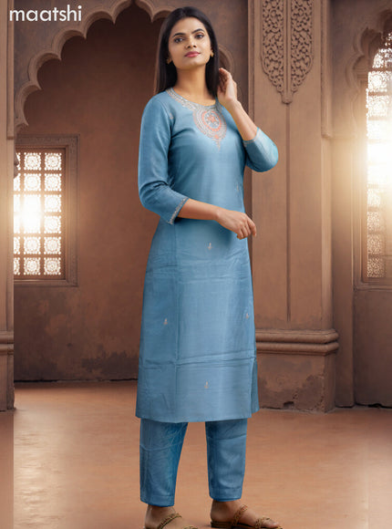 Art Silk Festive wear salwar suit pastel blue with zardosi work neck pattern and straight cut pant & banarasi dupatta