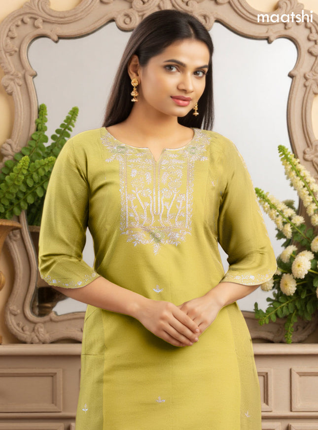 Art Silk Festive wear salwar suit lime green with zardosi work neck pattern and straight cut pant & banarasi dupatta