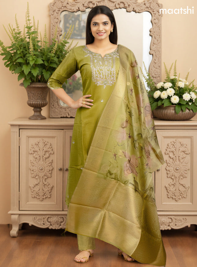 Art Silk Festive wear salwar suit lime green with zardosi work neck pattern and straight cut pant & banarasi dupatta