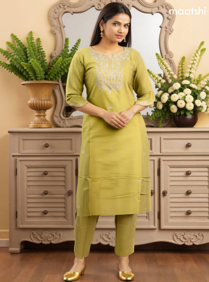 Art Silk Festive wear salwar suit lime green with zardosi work neck pattern and straight cut pant & banarasi dupatta