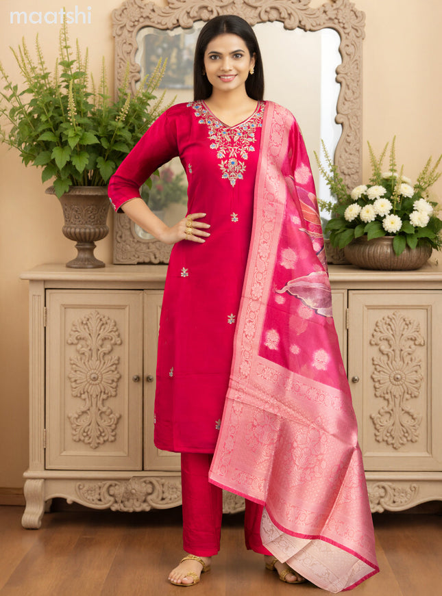 Art Silk Festive wear salwar suit pink with zardosi work neck pattern and straight cut pant & banarasi dupatta