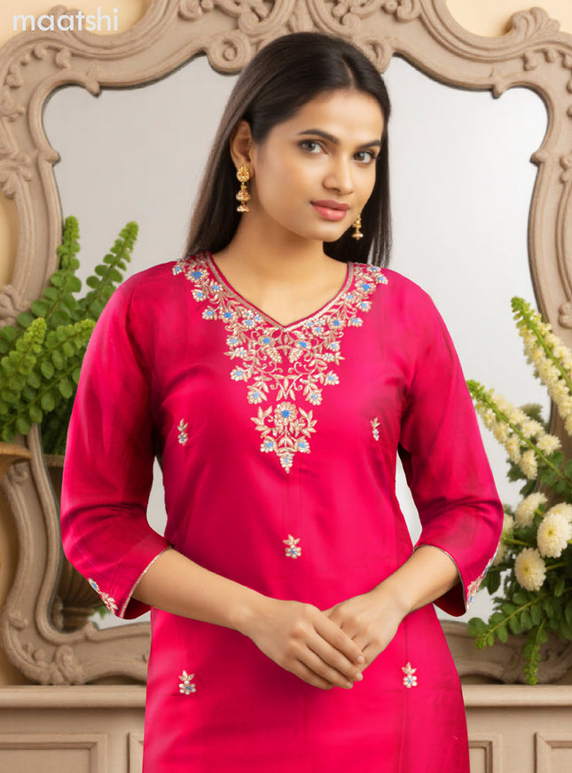 Art Silk Festive wear salwar suit pink with zardosi work neck pattern and straight cut pant & banarasi dupatta