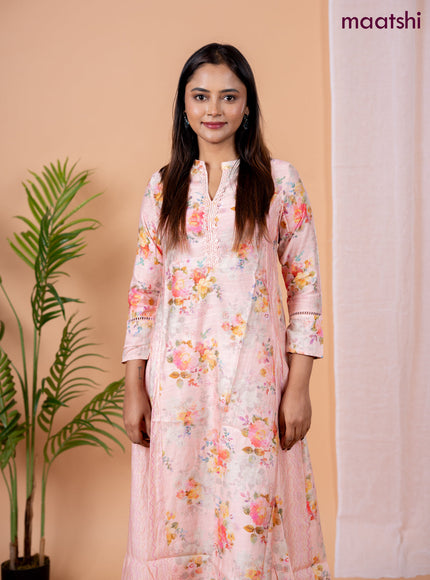 Rayon anarkali kurti peach shade with allover floral prints & sequin lace work neck pattern without pant