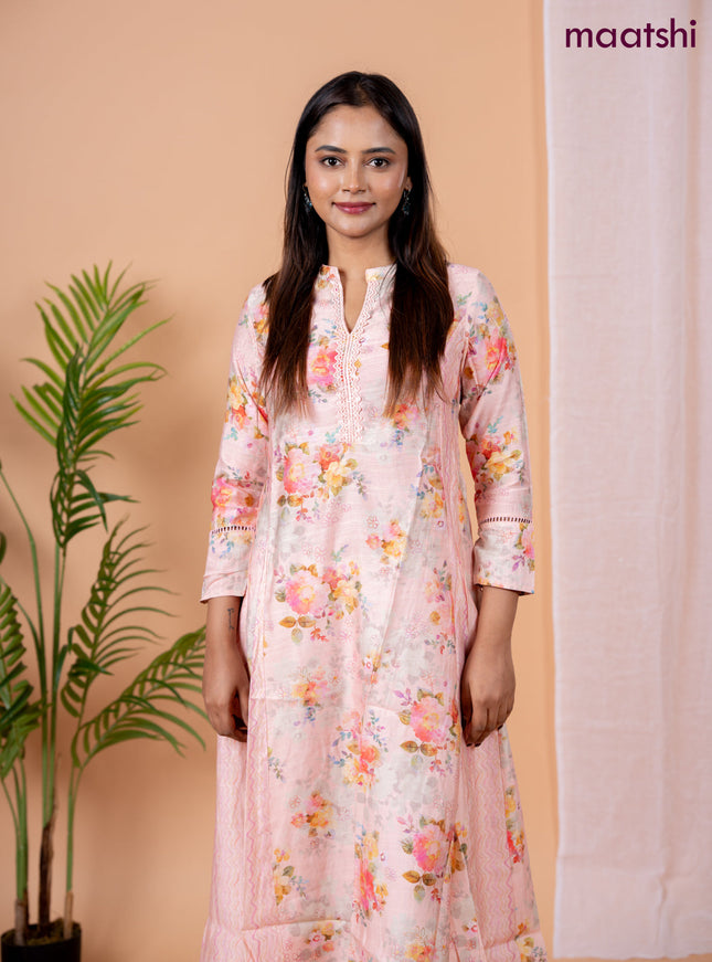 Rayon anarkali kurti peach shade with allover floral prints & sequin lace work neck pattern without pant