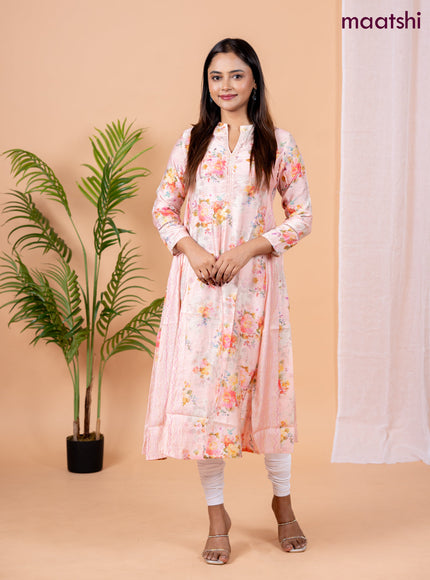 Rayon anarkali kurti peach shade with allover floral prints & sequin lace work neck pattern without pant